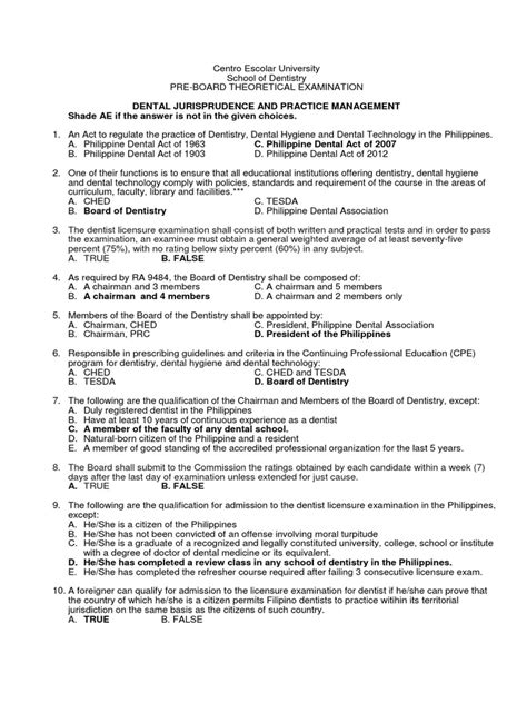 dentistry board exam questions and answers philippines|Ceu Pre Board Exam 8 Juris and Practice Management.